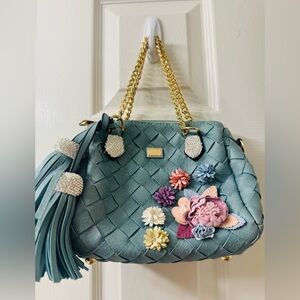 Woven Teal Handbag with Floral Accents